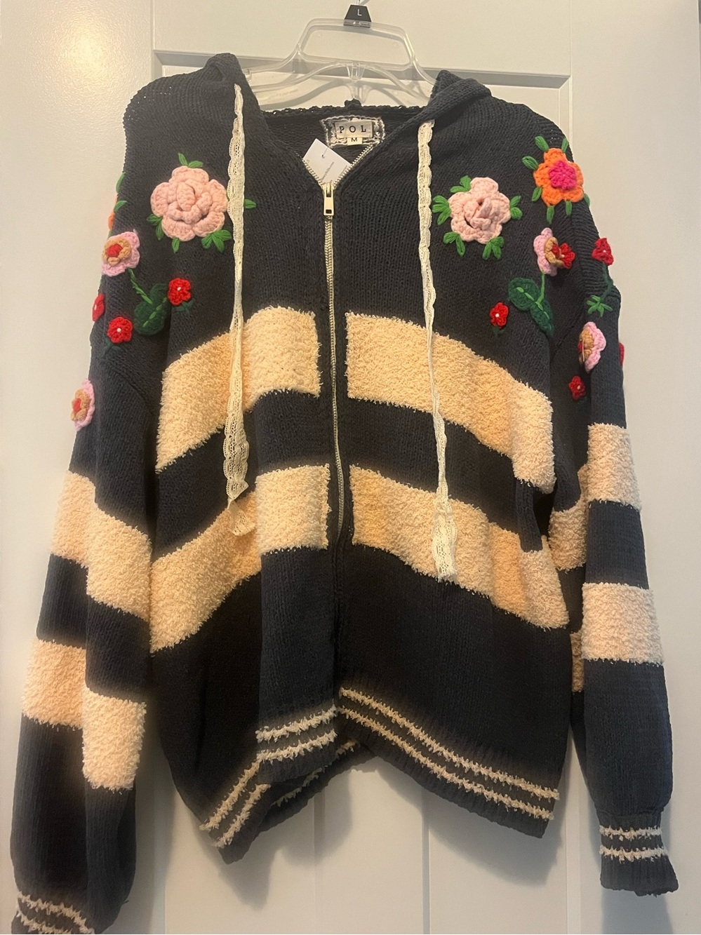 Pol Navy Floral knit hoodie sweater